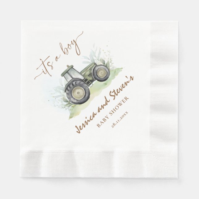 It's A Boy Green Tractor Baby Shower Farm Paper Napkin (Front)