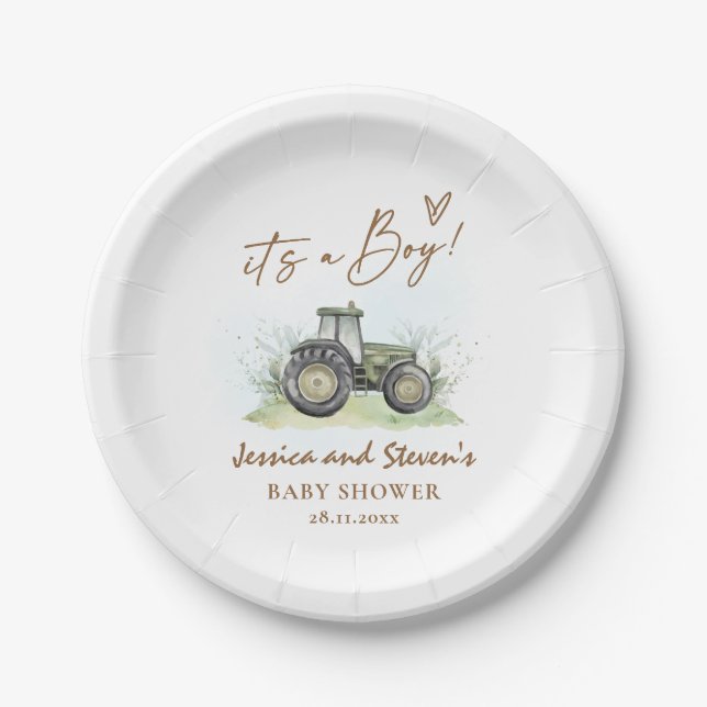 It's A Boy Green Tractor Farm Baby Shower  Paper Plate (Front)