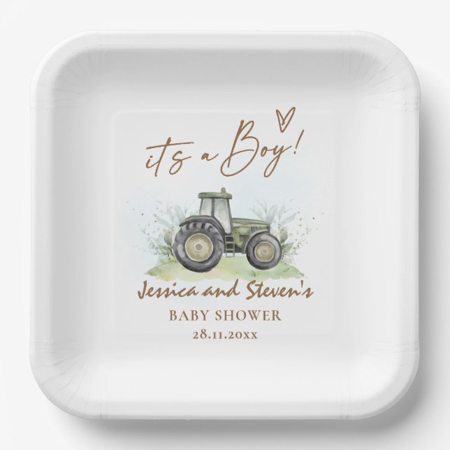 It's A Boy Green Tractor Farm Baby Shower  Paper Plate (Front)