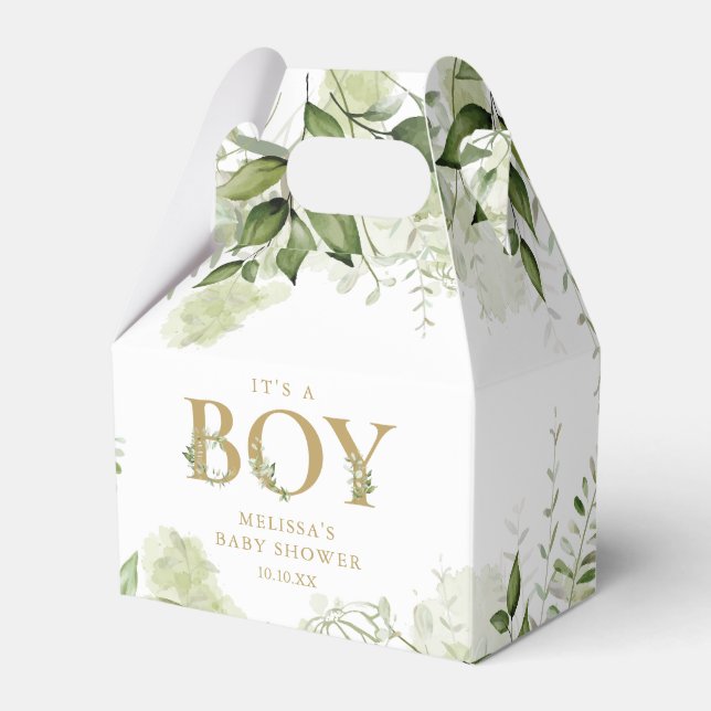 Its A Boy Greenery Botanical Gold Baby Shower Favor Box (Front Side)
