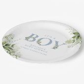 Its A Boy Greenery Dusty Blue Letter Baby Shower Paper Plate (Angled)