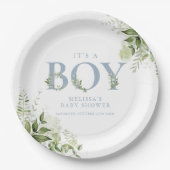 Its A Boy Greenery Dusty Blue Letter Baby Shower Paper Plate (Front)
