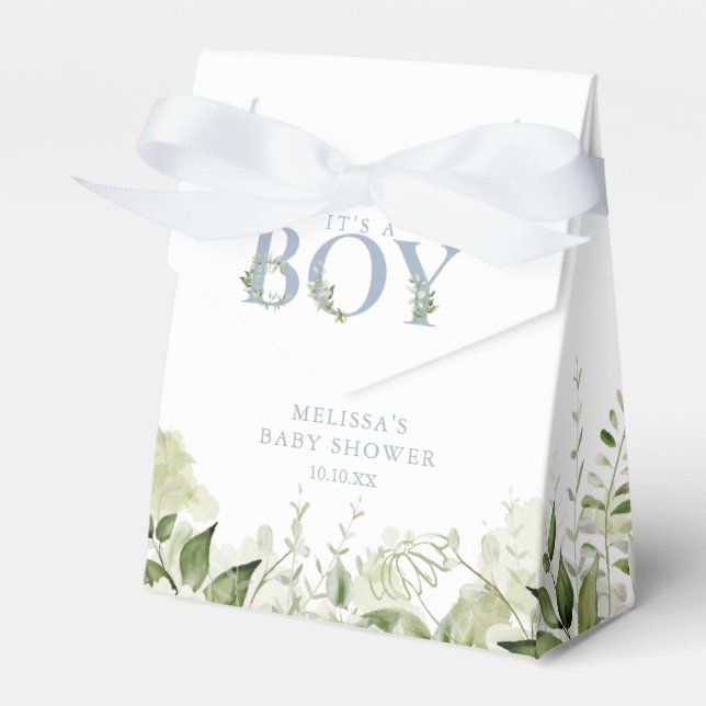 Its A Boy Greenery Foliage Dusty Blue Baby Shower Favor Box (Front Side)