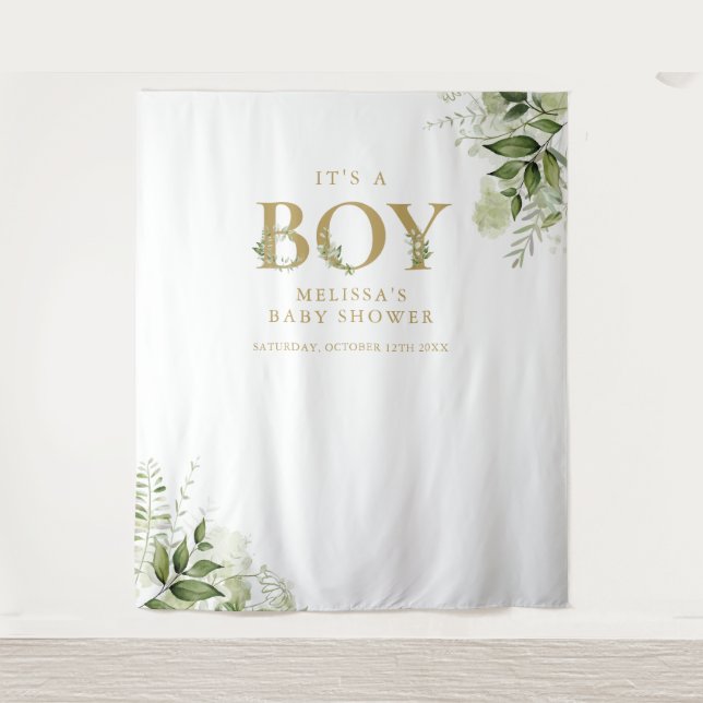 Its A Boy Greenery Gold Baby Shower Photo Backdrop Tapestry (Front)