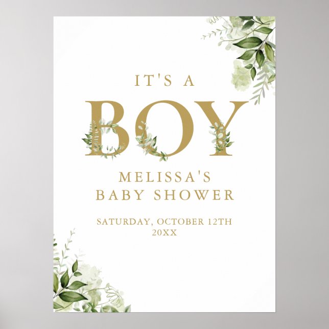 Its A Boy Greenery Gold Baby Shower Sign (Front)