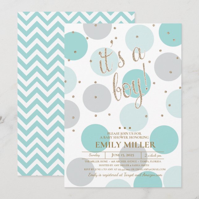 It's a Boy - Grey, Turquoise & Gold Baby Shower Invitation (Front/Back)