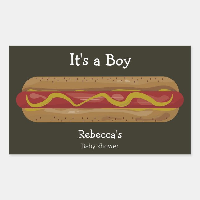 It's a boy hot dog baby shower sticker (Front)