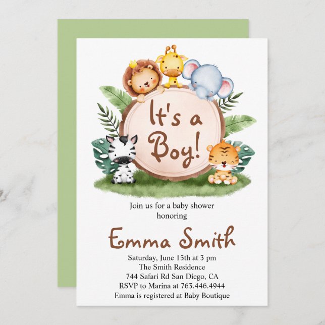 It's a Boy Jungle Safari Animals Baby Shower Invit Invitation (Front/Back)