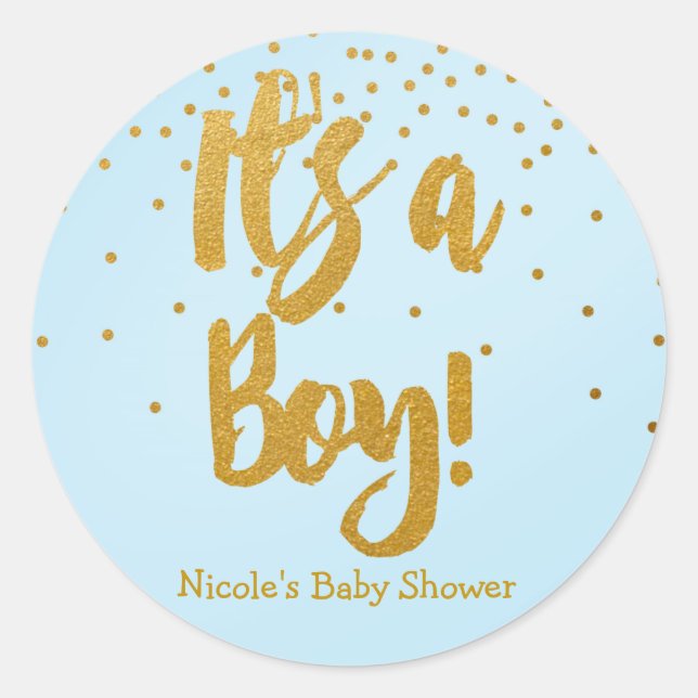 It's A BOY Light Blue & Gold Confetti Dots Sticker (Front)