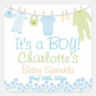 It's A BOY! Lil Clothes Blue & Green Baby Sprinkle Square Sticker