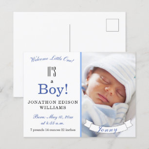 It's a Boy! Modern Blue Baby Photo Birth Announcement Postcard