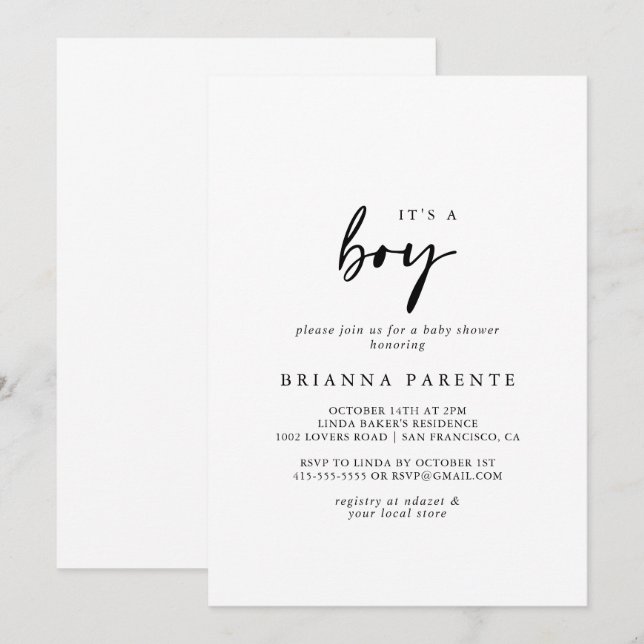 It's A Boy Modern Elegant Baby Shower Invitation (Front/Back)