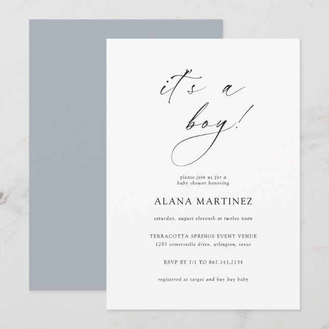 It's a Boy | Modern Minimal Calligraphy Invitation (Front/Back)