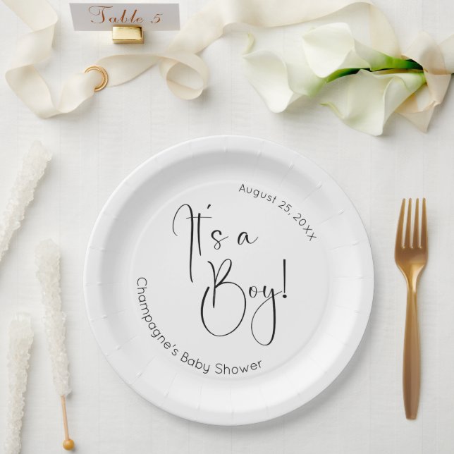 It's A Boy Modern Script Baby Shower Paper Plate (Wedding)