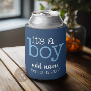 It's A Boy - Modern, Whimsical Baby Name and Photo Can Cooler