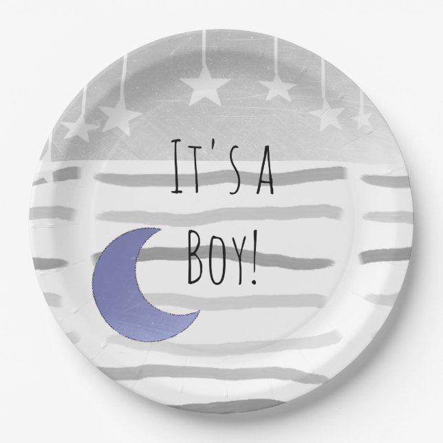 It's a Boy Moon and Stars Baby Shower Paper Plate (Front)