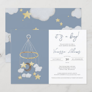 Its a Boy! Moon & Stars Baby Mobile Nursery Shower Invitation