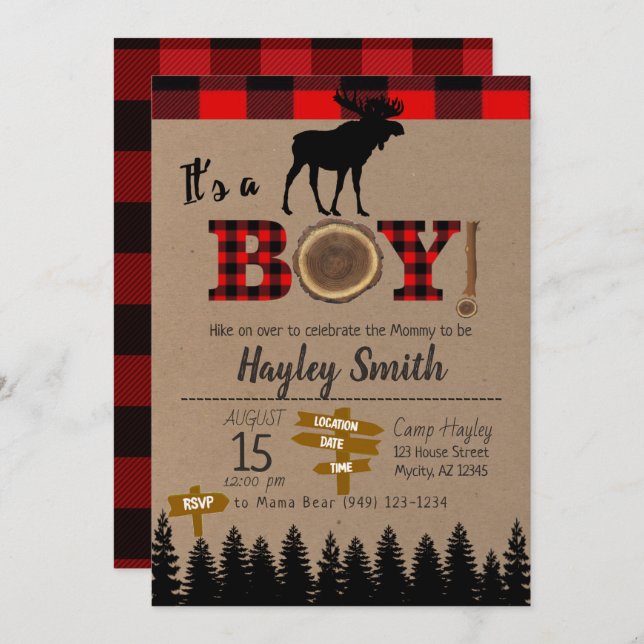 It's a Boy Moose Flannel Plaid Baby Shower Invitation (Front/Back)