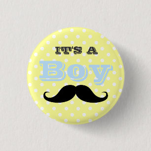 Its A Boy Moustache Yellow and Blue Baby Shower 1 Inch Round Button