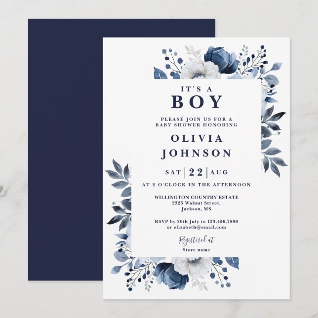 Its A Boy Navy Blue Elegant Floral Baby Shower Invitation (Front/Back)