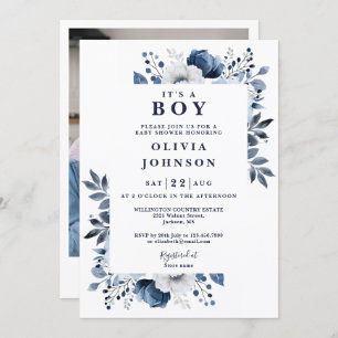 Its A Boy Navy Blue Floral Photo Baby Shower Invitation