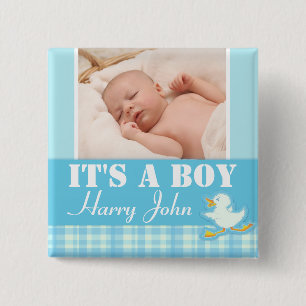 It's a boy newborn photo and name blue badge 2 inch square button
