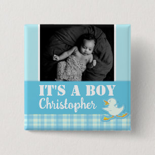 It's a boy newborn photo and name blue badge 2 inch square button