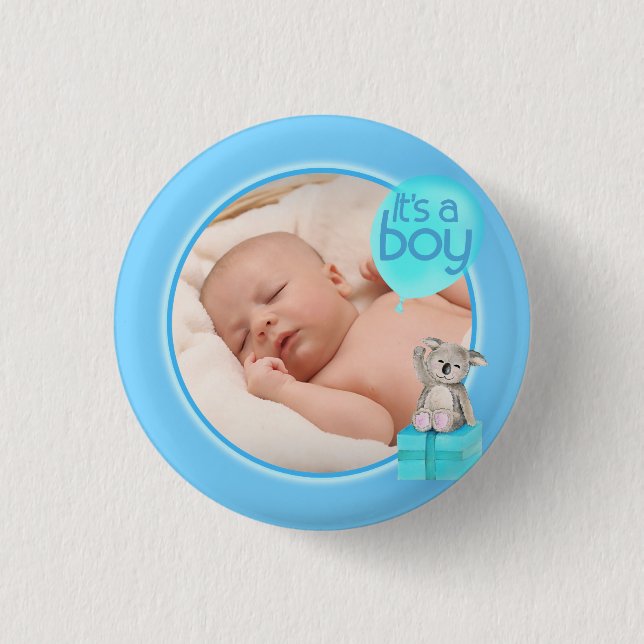 "It's a boy" newborn photo koala baby blue badge 1 Inch Round Button (Front)