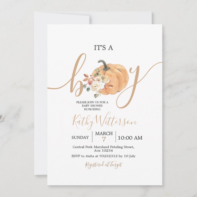 It's a Boy Orange Pumpkin Floral Baby Shower Invitation (Front)