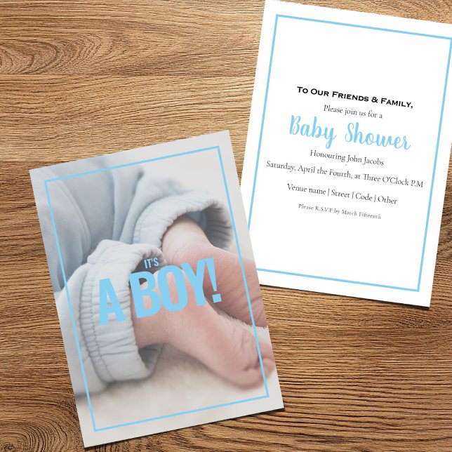 Its a boy, own photo, baby shower card. (Baby boy announcement card featuring a close-up of tiny feet)