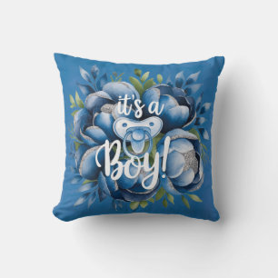 It's a Boy! Pacifier & Peonies Baby Shower Gift Throw Pillow