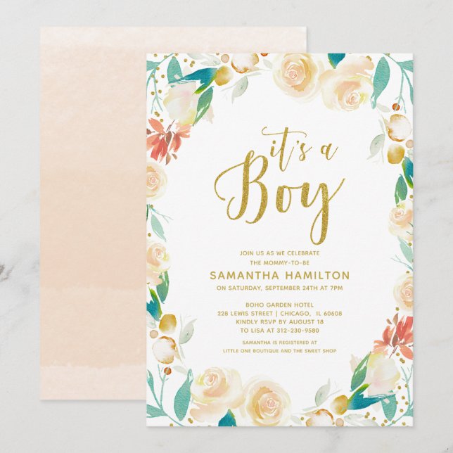 It's a Boy Peach Gold Glitter Floral Baby Shower Invitation (Front/Back)