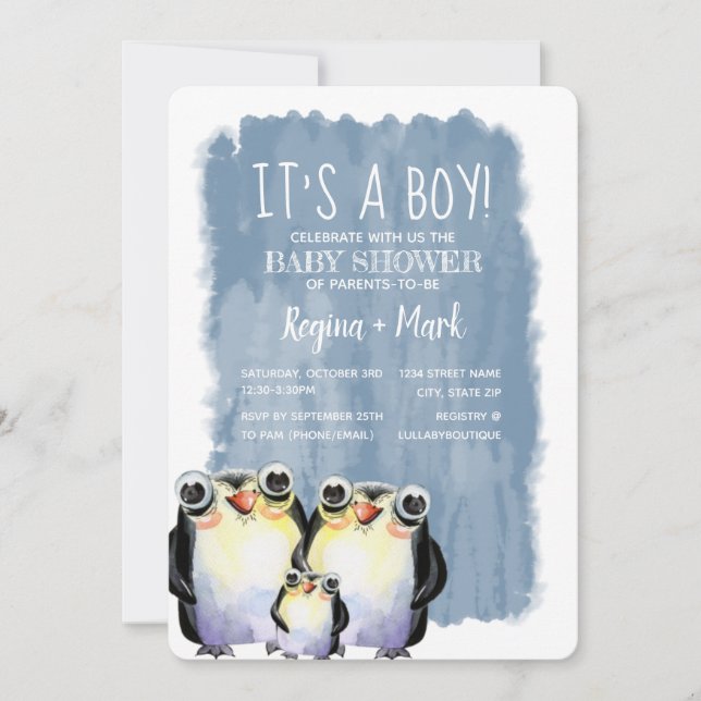 It's A Boy Penguin Baby Shower Invitation (Front)