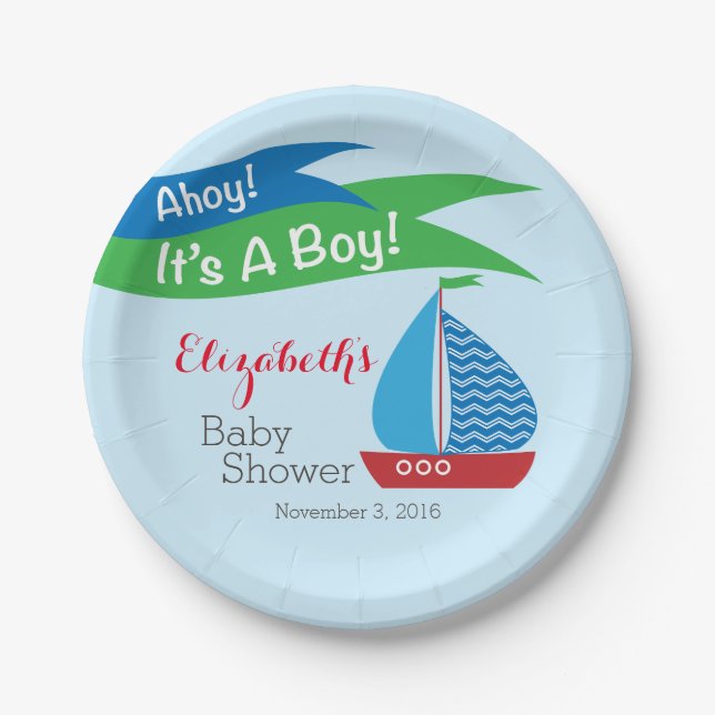 It's A Boy, Personalized Nautical Baby Shower Paper Plate (Front)