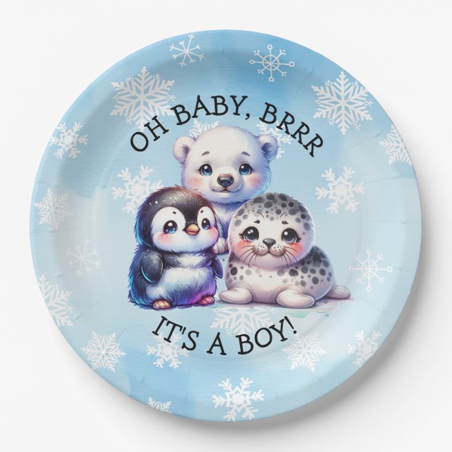 It's a Boy | Polar Arctic Winter Baby Shower Paper Plate (Front)