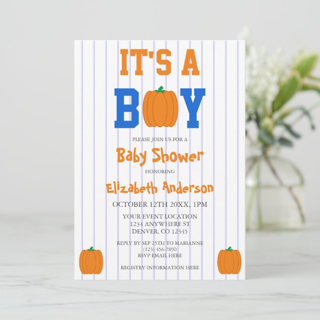 It's A Boy Pumpkin Baby Shower Invitation (Standing Front)
