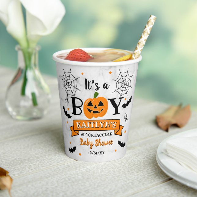 "It's A Boy" Pumpkin Halloween Baby Shower Paper Cups (Insitu)
