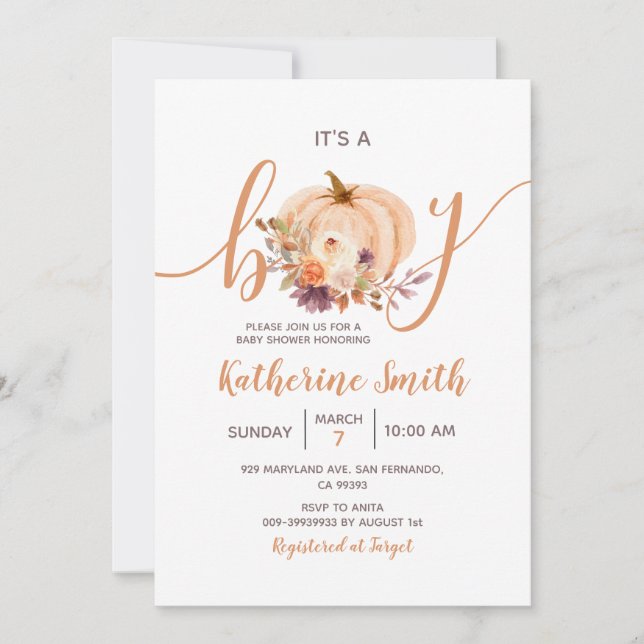 It's a Boy Pumpkin Rustic Floral Baby Shower Invitation (Front)