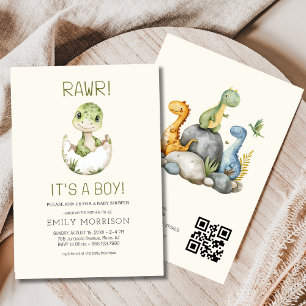 It's a Boy QR Code Cute Dinosaur Baby Boy Shower Invitation