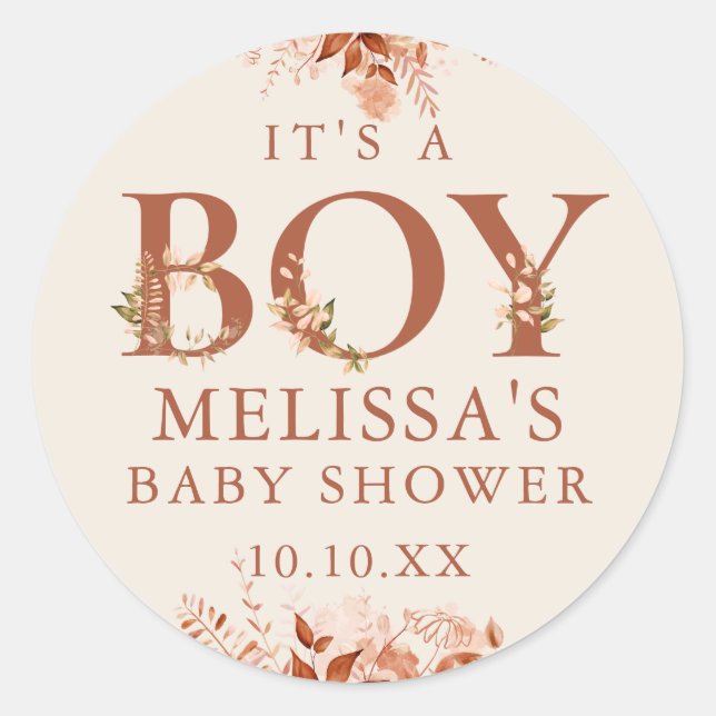 Its A Boy Rustic Floral Autumn Fall Baby Shower Classic Round Sticker (Front)