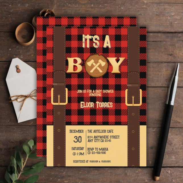 It's a boy Rustic Lumberjack Flannel Baby Shower I Invitation (Creator Uploaded)