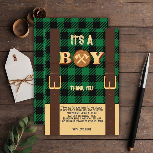 It's a boy Rustic Lumberjack Flannel Baby Shower I Thank You Card (Creator Uploaded)