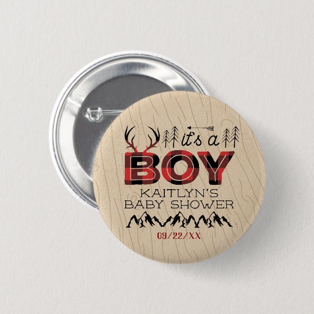 It's A Boy! Rustic Plaid Lumberjack Baby Shower 2 Inch Round Button (Front & Back)