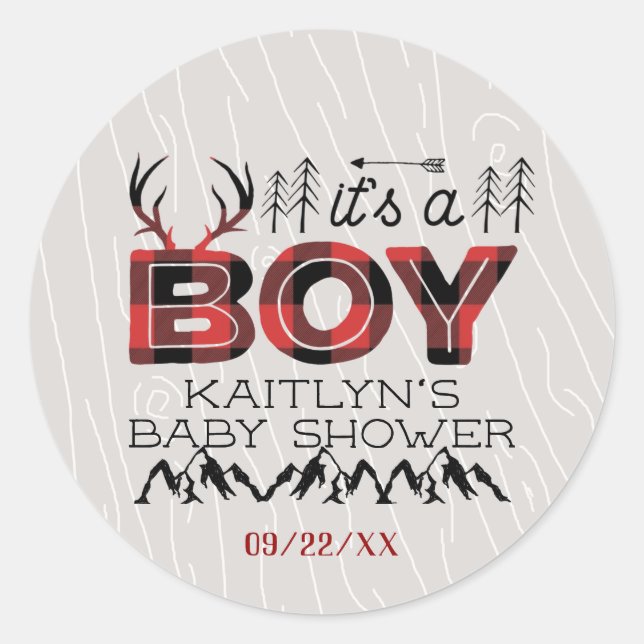 It's A Boy! Rustic Plaid Lumberjack Baby Shower Classic Round Sticker (Front)
