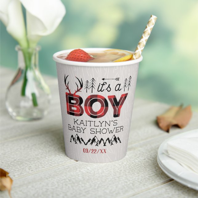 It's A Boy! Rustic Plaid Lumberjack Baby Shower Paper Cups (Insitu)