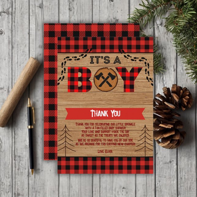 It's a boy Rustic Wood Plaid Baby Shower Thank You Card (Creator Uploaded)