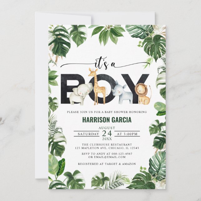 It's a Boy Safari Jungle Animals Baby Shower Invitation (Front)