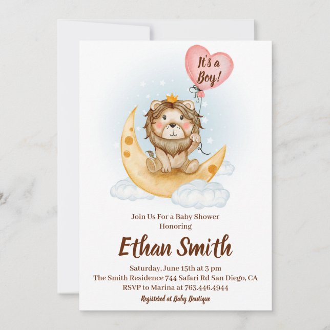 It's a Boy Safari Lion Watercolor Baby Shower Invitation (Front)