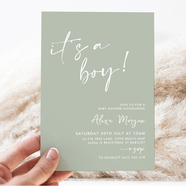 It's a Boy! Sage Green Minimal Baby Shower Invitation (It's a boy! | Sage Green Baby Shower Invitation)