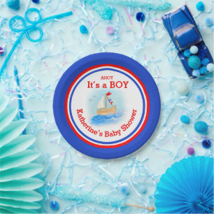 It's a boy sail boat baby shower customized plate